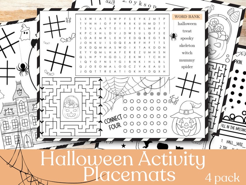 Aktivitetsbordsunderlägg för Halloween, Aktivitetsbordsunderlägg för barn på restaurang, Resebordsunderlägg för barn, Halloweenaktiviteter, Papper- och pennspel bild 1