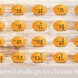 May include: Twenty word endings written on yellow, round, sesame seed-covered buns. The word endings include -ar, -ed, -ad, -in, -en, -at, -ip, -it, -ug, -ag, -un, -an, -ing, -all, -ack, -ump, -ice, -eat, -et, and -ot.