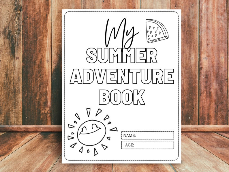 May include: A black and white printable summer adventure book with a watermelon slice, sun, and the text "My Summer Adventure Book".