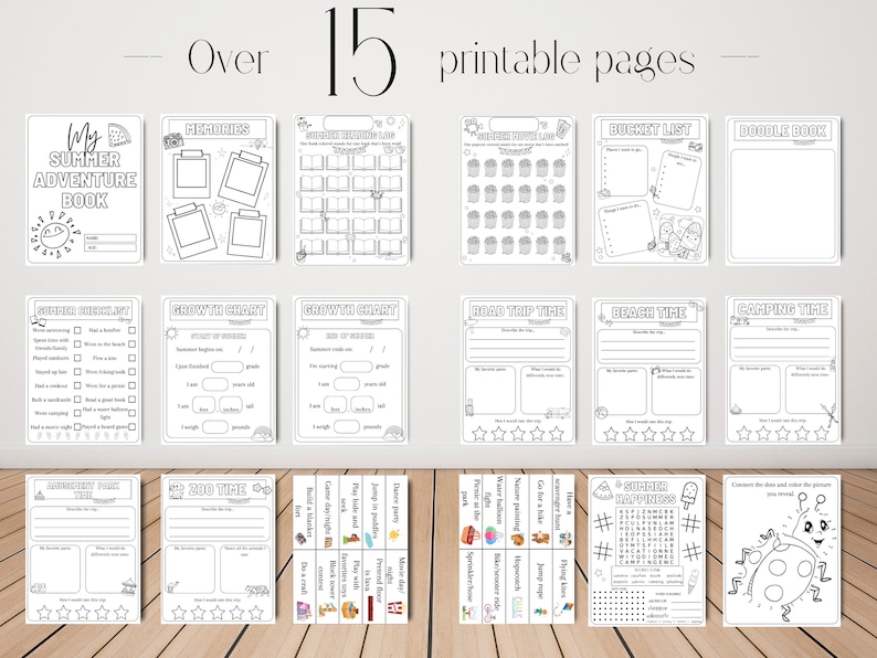 May include: Black and white printable pages for a summer adventure book. The pages include activities like a bucket list, doodle book, growth chart, memory pages, and a summer happiness word search.