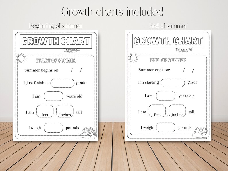 May include: Two black and white printable growth charts for kids. The charts are titled "Growth Chart" and have sections for recording height, weight, and grade level at the beginning and end of summer.