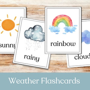 Flashcards meteorológicos para crianças, recursos escolares em casa, flashcards Montessori, cartões educacionais para impressão, aquarela, aprendizagem em casa