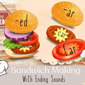 May include: A colorful illustration of a sandwich with different toppings, each with a word ending in -ed or -ar. The words are "car", "far", "ed", and "ar". The image is titled "Sandwich Making with Ending Sounds".