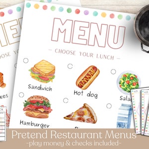 Menús de restaurantes de simulación para niños, menús imprimibles para juegos de simulación, juegos dramáticos para niños, menús de juegos de cocina, accesorios de imaginación, educación en el hogar