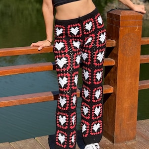 Crochet Heart Pants, Knitted Retro Pants, Festival Boho Trousers, Hand Knit Hippie Patchwork Pants, Unique Bohemian Style Women’s Clothing