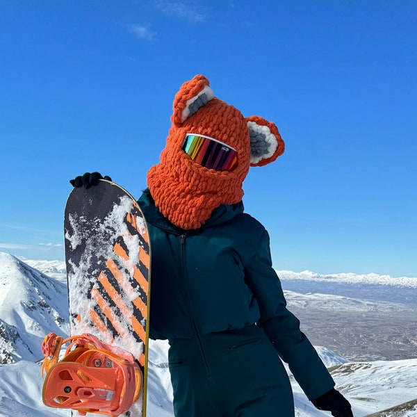 Cagoule Orange Fox, cagoule tricotée pour animaux, masque cagoule tricoté, masque de casque de ski, housse de casque, protecteur de casque, masque d'hiver