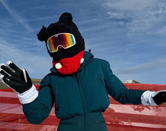 Black red crochet ski balaclava, knit balaclava, knitted balaclava mask, Ski helmet mask, helmet cover, helmet protector, winter mask