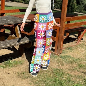 Crochet Daisy Pants, Knitted Flowers Retro Pants, Festival Boho Trousers, Hippie Patchwork Pants, Unique Bohemian Style Women’s Clothing