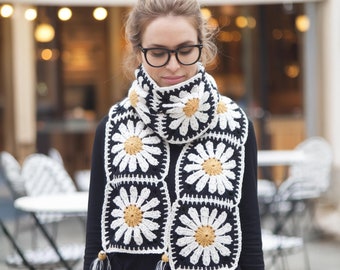 Colorful Daisy Granny Square Crochet Scarf, Handmade Bohemian Winter Accessory for Women, Knitted Unique Gift