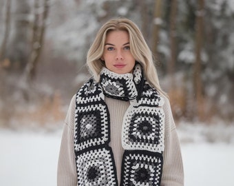 Cachecol longo de crochê preto, cachecol afegão quadrado da vovó, cachecol de malha quente, cachecol boho de crochê feito à mão, cachecol de retalhos para mulheres