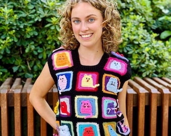 Crochet Cats vest, Knitted Cats sweater, Crop knit  Colorful Sweater, Boho Style Patchwork Vest, Handmade Granny Square Cat Sweater
