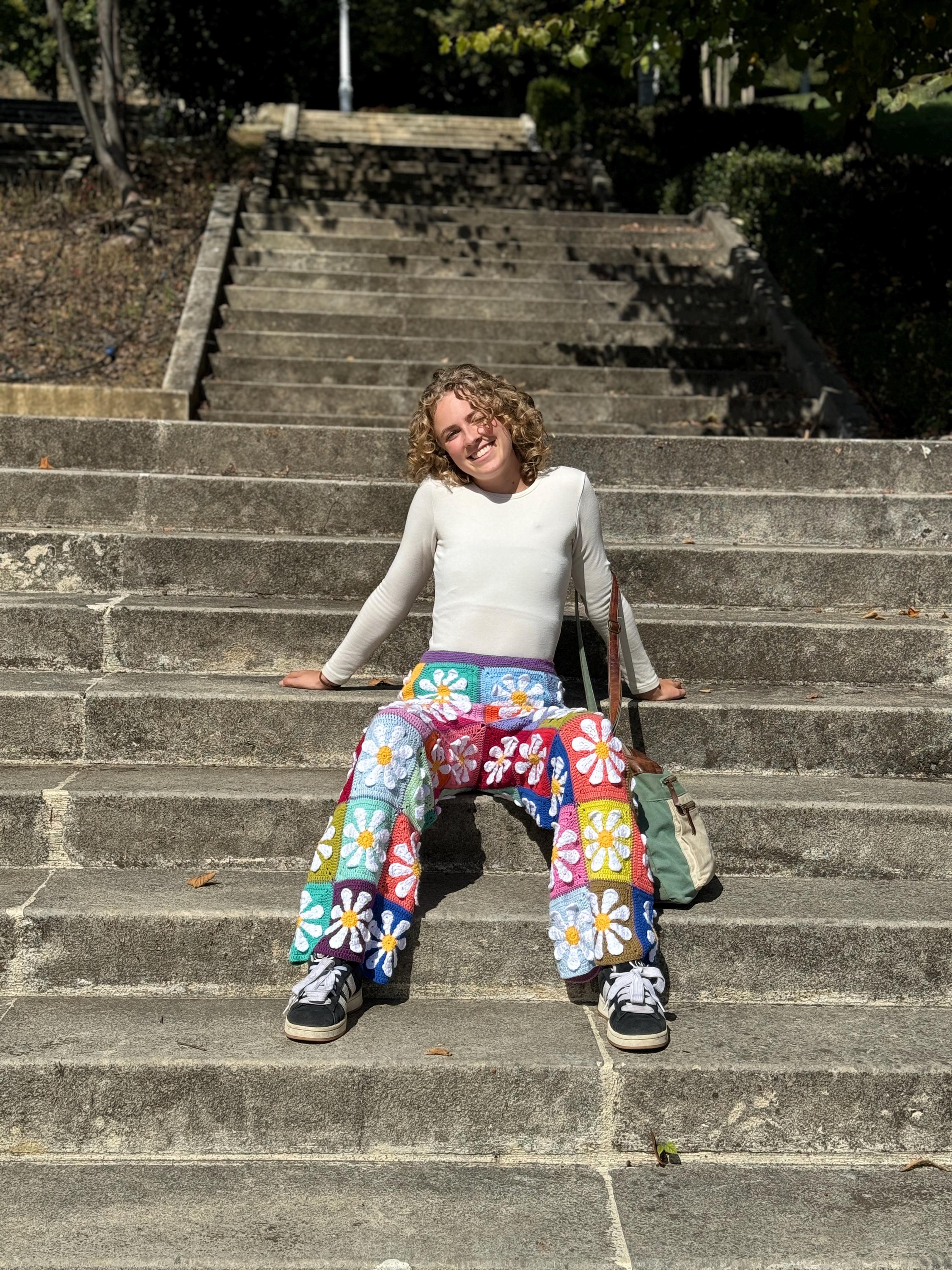 【COLOR iN ID】Daisy Knit Crochet Pants Crochet Daisy Pants, Knitted Flowers Retro Pants, Festival