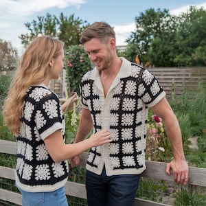 Knitted Granny Square Sweater, Men Shirt, Colorful Knit Men&#39;s Clothing, Vintage Ethnic Oversize Summer Beach Shirt