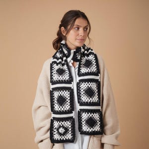 Women Crochet long cotton scarves, Granny square scarf, Blackwhite Afghan long scarf, knitted Granny Square Scarf