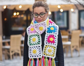Sunflowers daisy Colorful Crochet Scarf, Multicolor Knitted flowers scarf, Handmade Scarf for Women, Vintage Style Winter Accessory