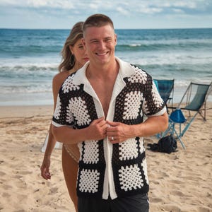 Summer Beach Shirt, Knitted Granny Square Sweater, Men Shirt, Colorful Knit Men&#39;s Clothing, granny square shirt