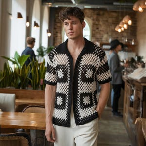 Black and white Knitted Men Shirt, Afghan Granny Square Sweater, Vintage Ethnic Oversize Summer Beach Shirt, Colorful Knit Men&#39;s Clothing