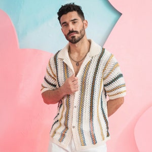 White Handmade Crochet Men Shirt, Bohemian Granny Square Sweater, Vintage Ethnic Oversize Summer Beach Shirt, Colorful Knit Men&#39;s Clothing