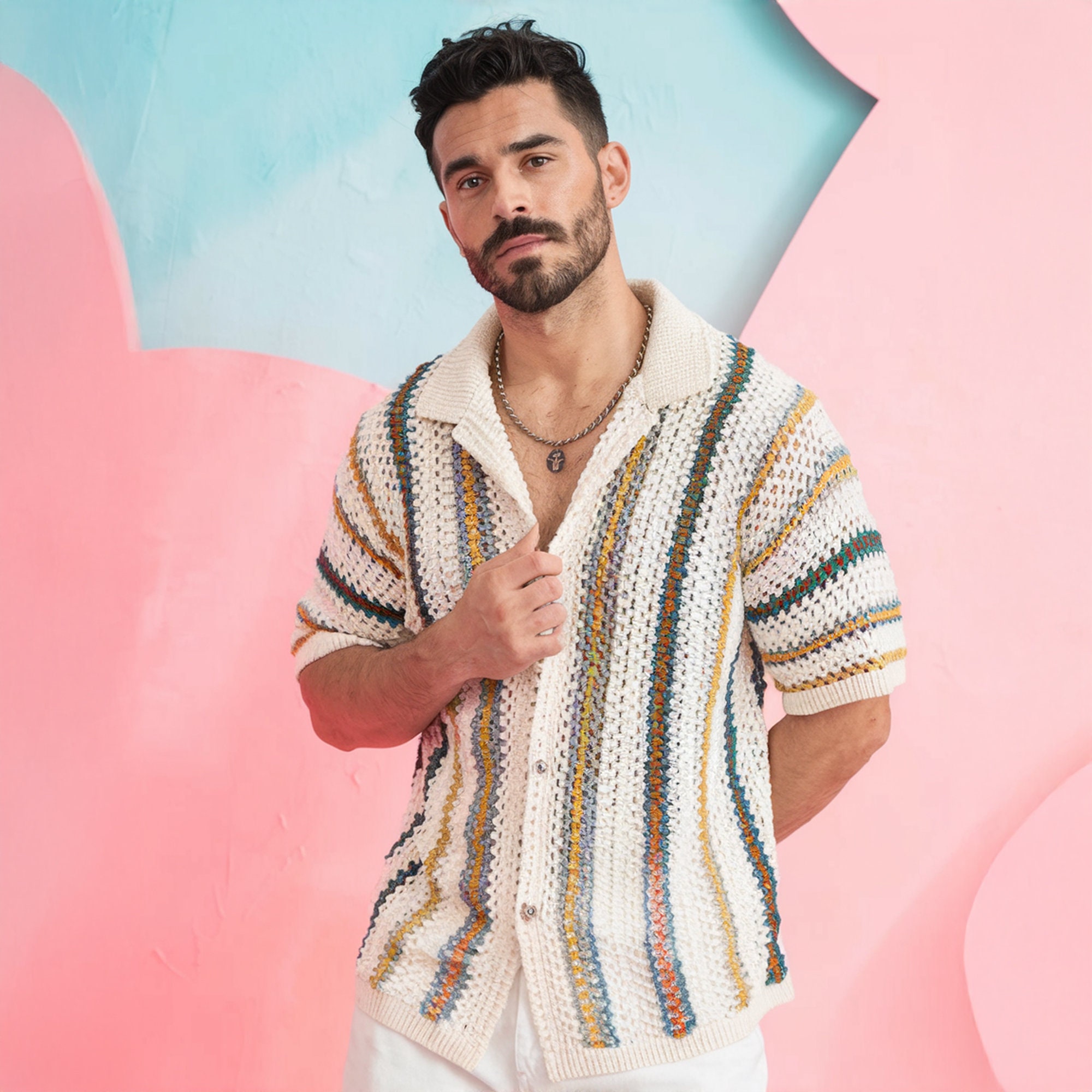 crochet dress for men Black White Knitted Men Shirt, Crochet summer Men Shirt, Knitted Vintage Style Men Shirt, Crochet sweater Men, Fall Outfits