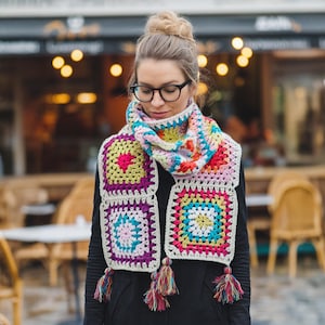 Handmade Granny Square Crochet Scarf, Colorful Bohemian Style, Warm Winter Scarf, Unique Gift for Her