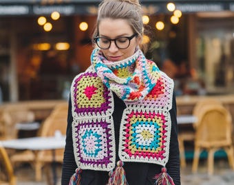 Handmade Granny Square Crochet Scarf, Colorful Bohemian Style, Warm Winter Scarf, Unique Gift for Her
