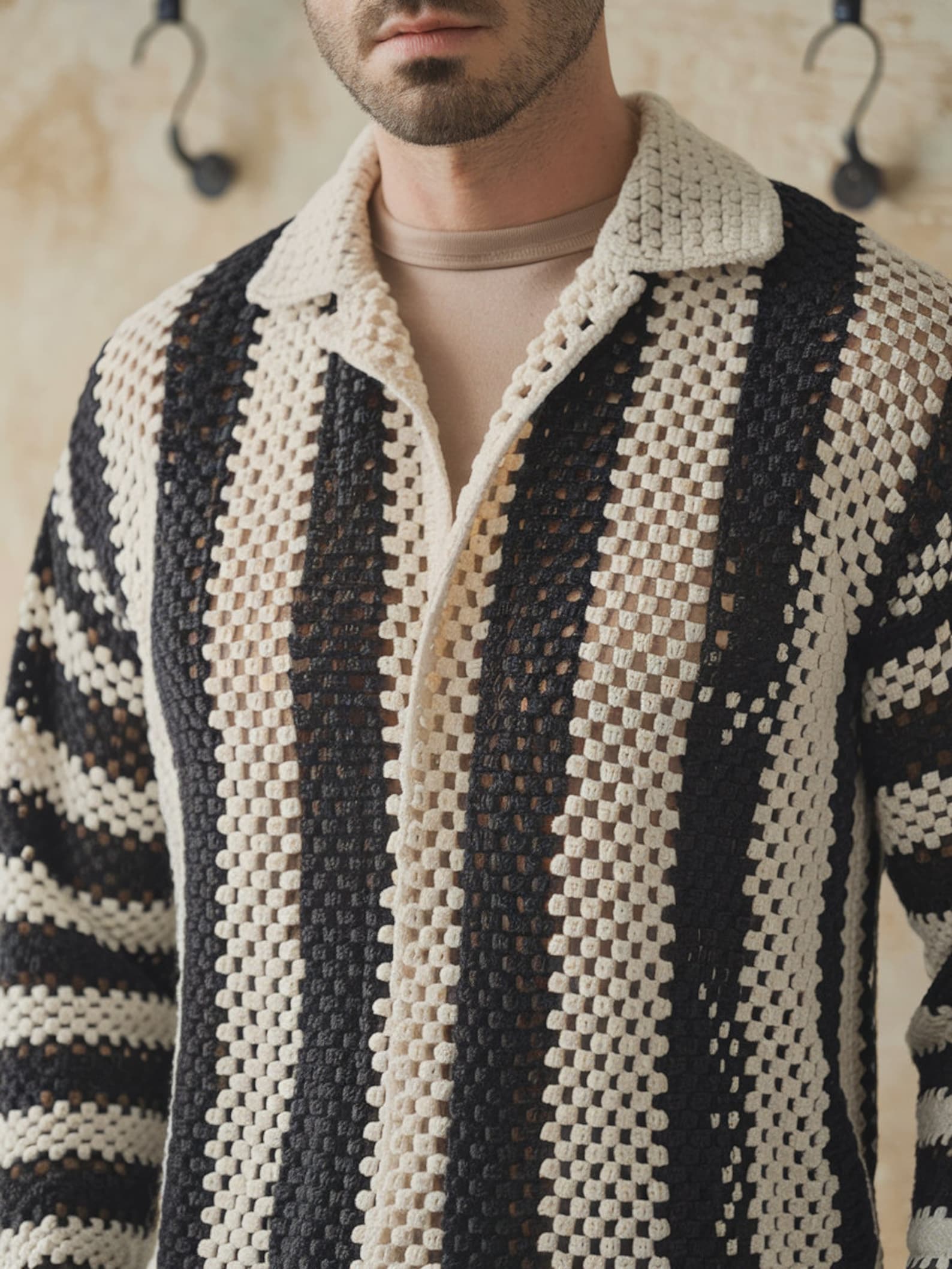 Men's Black Crochet Knit Short Sleeve Button-Down Shirt