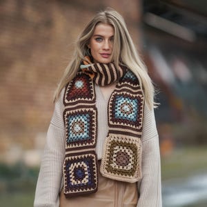 Brown patchwork long colorful scarf, pastel color retro scarf, crochet granny square scarf, warm winter scarf, cotton handknit scarf