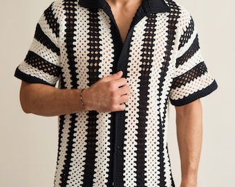 Black White Knitted Men Shirt, Crochet summer Men shirt, Knitted Vintage Style Men Shirt, Crochet sweater Men, Fall Outfits