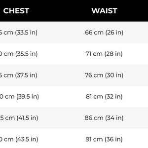 以下が含まれることがあります： XS、S、M、L、XL、XXLのサイズに対応する、胸囲、ウエスト、ヒップのサイズ表。インチとセンチメートルで表示されています。