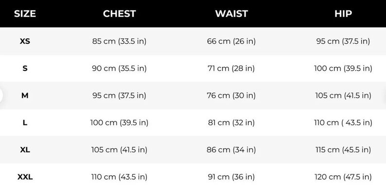 以下が含まれることがあります： XS、S、M、L、XL、XXLのサイズに対応する、胸囲、ウエスト、ヒップのサイズ表。インチとセンチメートルで表示されています。