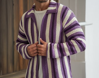 Camisa de hombre tejida a crochet morada, camisa étnica tejida, camisa de verano para hombre, camisa tejida estilo vintage para hombre, suéter de crochet para hombre, suéter cuadrado de abuela