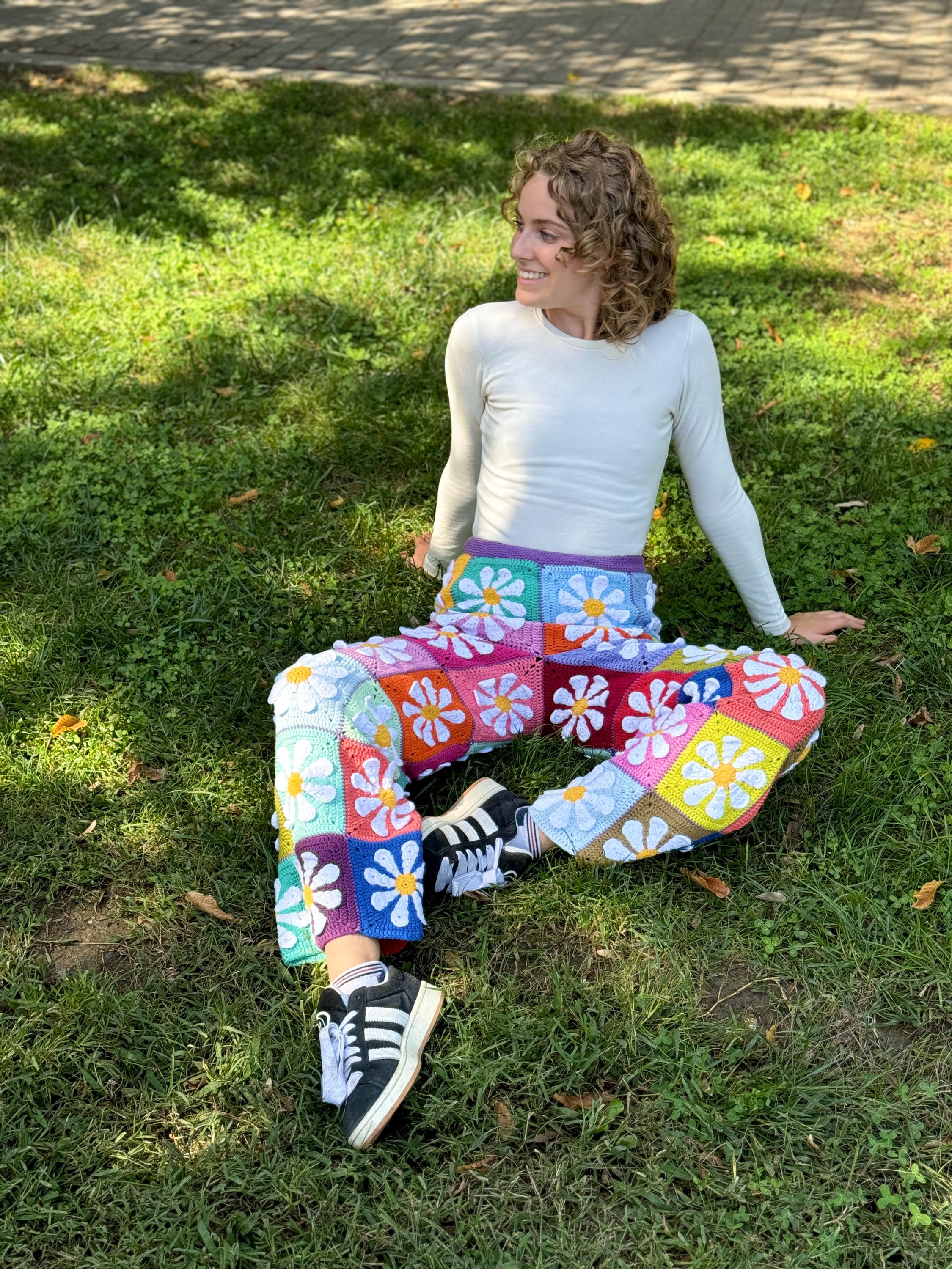 【COLOR iN ID】Daisy Knit Crochet Pants Crochet Daisy Pants, Knitted Flowers Retro Pants, Festival