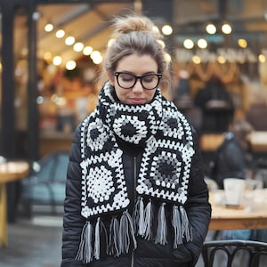 Black Knit Scarf, Vintage Style Afghan Scarf, Cozy Handknit Gift for Her, Long Retro Crochet Scarf