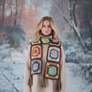 Vintage Style Crochet Retro Scarf, Colorful Afghan Patchwork Scarf, Unique Long Knit Scarf for Winter Multicolor Granny Square Scarf