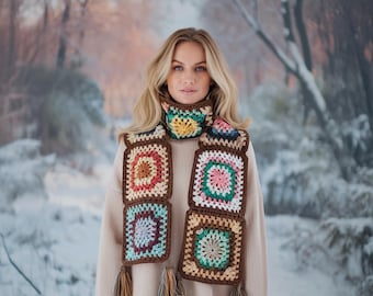 Vintage Style Crochet Retro Scarf, Colorful Afghan Patchwork Scarf, Unique Long Knit Scarf for Winter Multicolor Granny Square Scarf