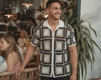 Camisa masculina de crochê de praia de verão, roupas masculinas de malha colorida, suéter quadrado de avó afegã, camisa de praia de verão vintage étnica grande