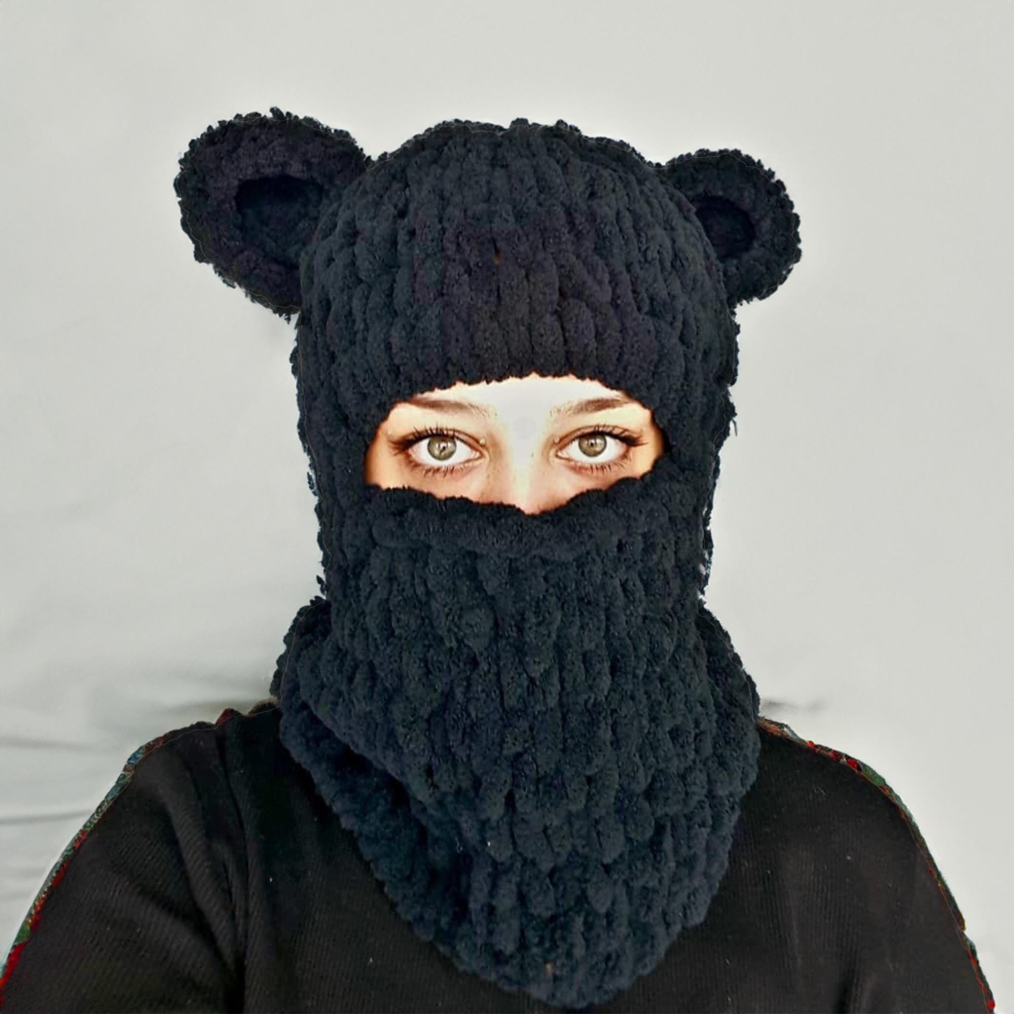 Black Crochet Bear Ears Balaclava, Sexy Balaclava With Bear