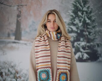 Brown knitted women scarf, pastel color retro scarf, crochet granny square scarf, warm winter scarf, cotton handknit scarf