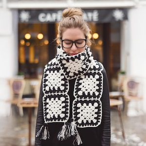 Bohemian Crochet Scarf, black and white Colorful Patchwork Design, Warm Winter Scarf for Women, Perfect knitted Handmade Gift