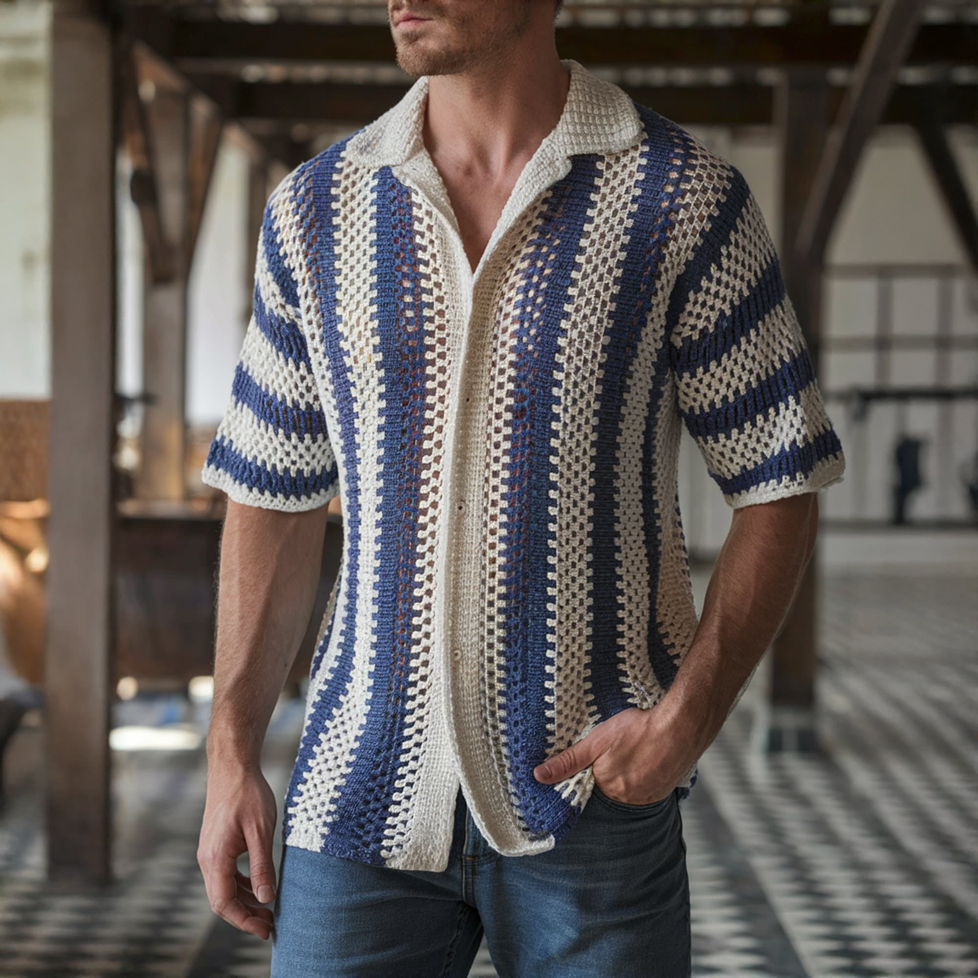 Blue Vintage Crochet Men Shirt, Bohemian Granny Square Sweater, Handmade Oversize Beach Summer Shirt, Ethnic Knit Colorful Men's Clothing