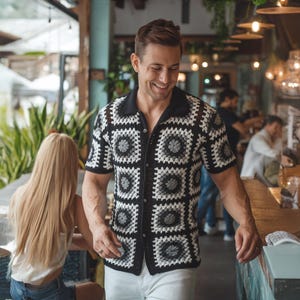 Summer beach Knitted Men Shirt, Afghan Granny Square Sweater, Vintage Ethnic Oversize Summer Beach Shirt, Colorful Knit Men&#39;s Clothing