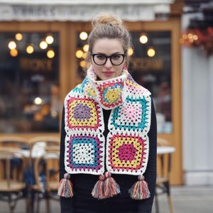 Colorful Crochet Afghan Scarf, Multicolor Knitted Handmade Scarf, Long Vintage Knit Scarf, Colorful Afghan Patchwork, Retro Boho Scarf