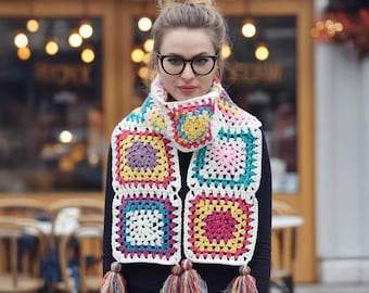 Colorful Crochet Afghan Scarf, Multicolor Knitted Handmade Scarf, Long Vintage Knit Scarf, Colorful Afghan Patchwork, Retro Boho Scarf