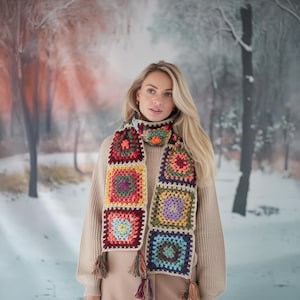 Colorful Crochet Granny Square Scarf, Multicolor Bohemian Patchwork Scarf, Warm Winter Handmade Gift for Women