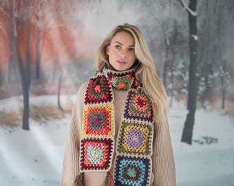 Colorful Crochet Granny Square Scarf, Multicolor Bohemian Patchwork Scarf, Warm Winter Handmade Gift for Women