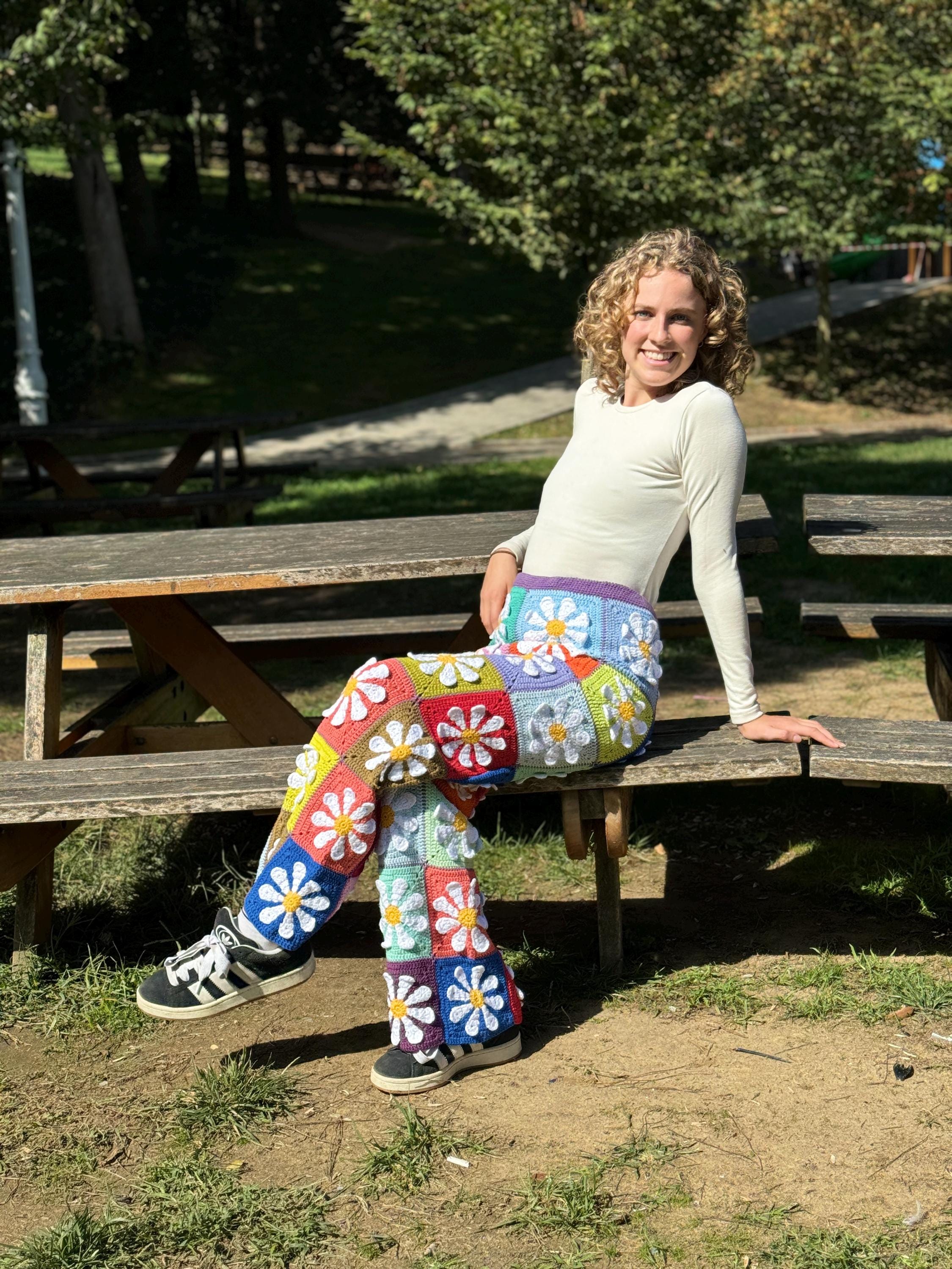 【COLOR iN ID】Daisy Knit Crochet Pants Crochet Daisy Pants, Knitted Flowers Retro Pants, Festival