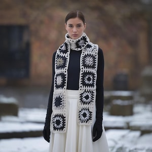 Black and white Granny Knitted Scarf, Crochet Handmade Granny Square Scarf, Colorful and Cozy, Retro Crochet Afghan Style, black long scarf