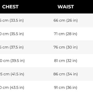 Puede incluir: Tabla de tallas que muestra las medidas de pecho, cintura y cadera en pulgadas y cent&iacute;metros para las tallas XS, S, M, L, XL y XXL.