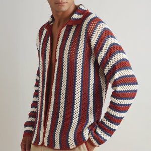 Red Bohemian Crochet Men Shirt, Vintage Granny Square Sweater, Handmade Ethnic Oversize Beach Shirt, Colorful Knit Summer Men&#39;s Clothing