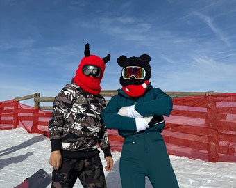 Knitted Devil horn mask, devil horn crochet Black balaclava, ski winter balaclava, crochet ski helmet balaclava, knit helmet balaclava
